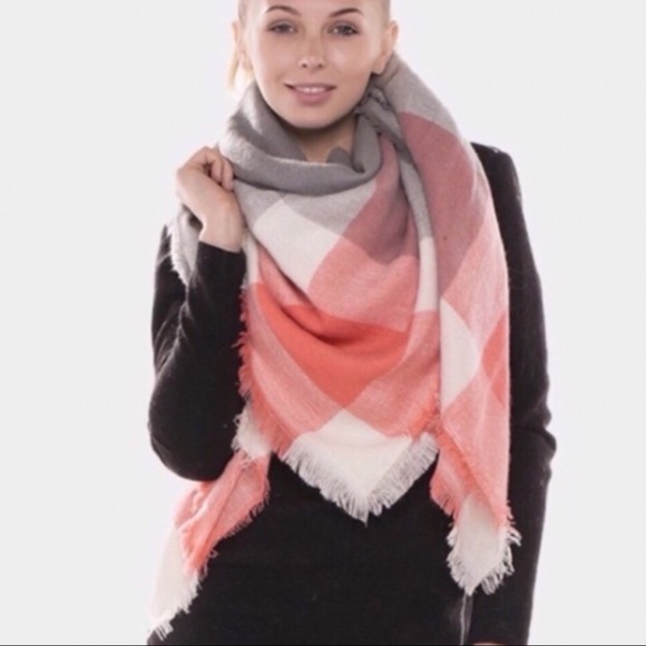 Accessories - Coral Plaid Blanket Scarf